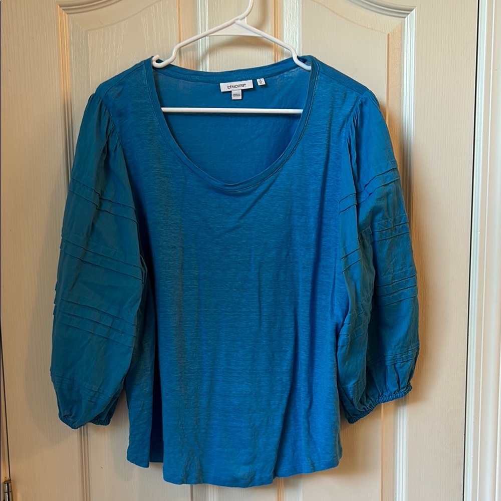 Chico's Blue Puff Sleeve Ribbed Blouse